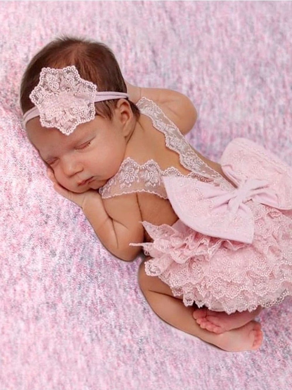 Delicate Pink Lace Baby Headband and Ruffle Romper